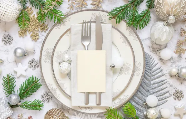 Balls, decoration, snowflakes, table, holiday, Christmas, knife, plates