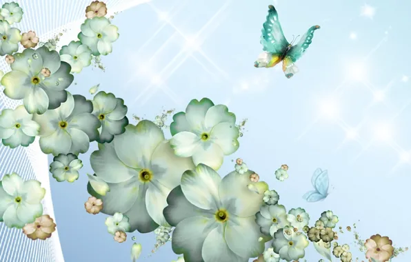Picture butterfly, flowers, rendering, background, fantasy, collage, figure, spring