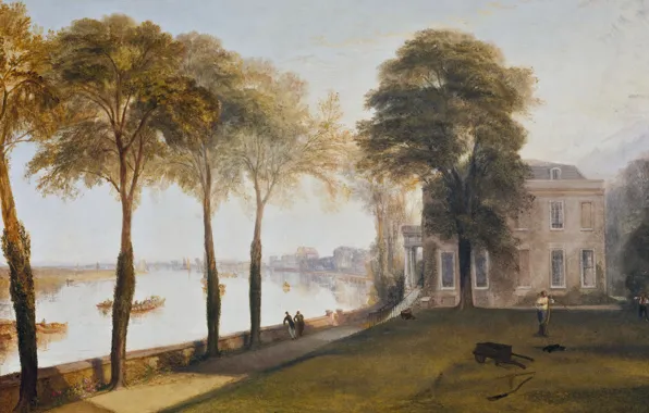 Trees, landscape, house, river, picture, William Turner, Early Summer Morning, Mortlake Terrace