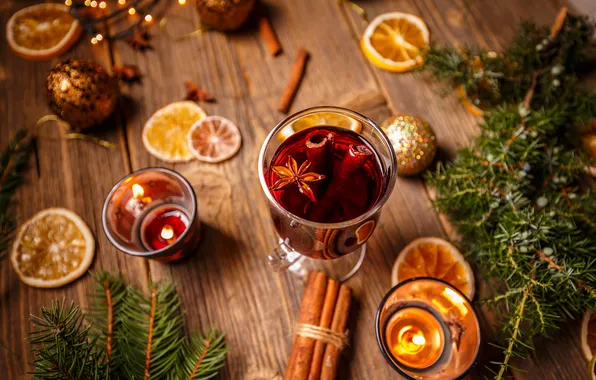 Balls, branches, glass, Board, glass, oranges, candles, Christmas