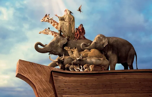 Animals, the sky, birds, people, ship, giraffes, monkey, elephants