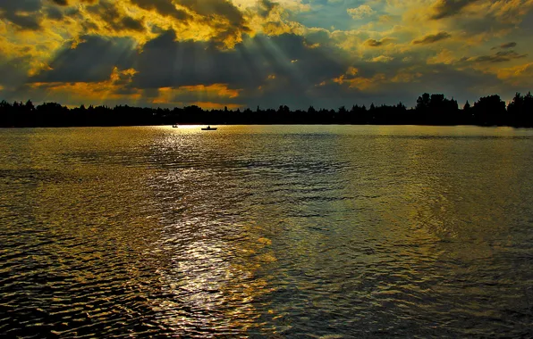 The sky, clouds, trees, sunset, river, boats, the evening, Canada