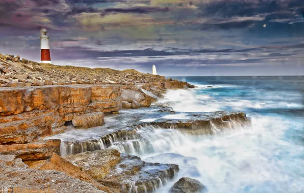 Sea, wave, shore, UK, Portland Bill Lighthouse, Lighthouse Portland Bill, the Isle of Portland