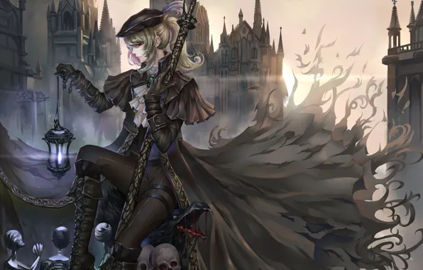 Picture sake, girl, fantasy, cathedral, hat, crow, anime, art