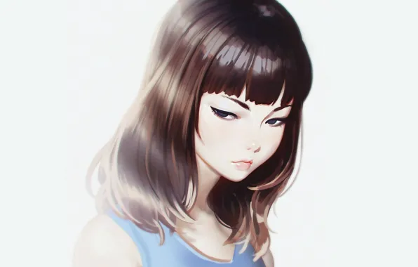 Face, portrait, Girl, blue background, bangs, Ilya Kuvshinov