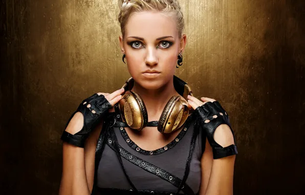 Picture girl, decoration, background, makeup, headphones, Mike, hairstyle, blonde