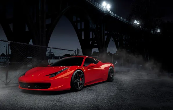 Night, red, bridge, black, red, wheels, ferrari, Ferrari