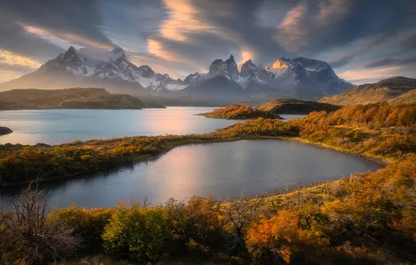 Autumn, forest, the sky, clouds, snow, mountains, fog, lake