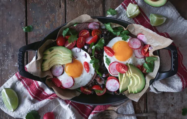 Eggs, lime, tomatoes, parsley, avocado, radishes