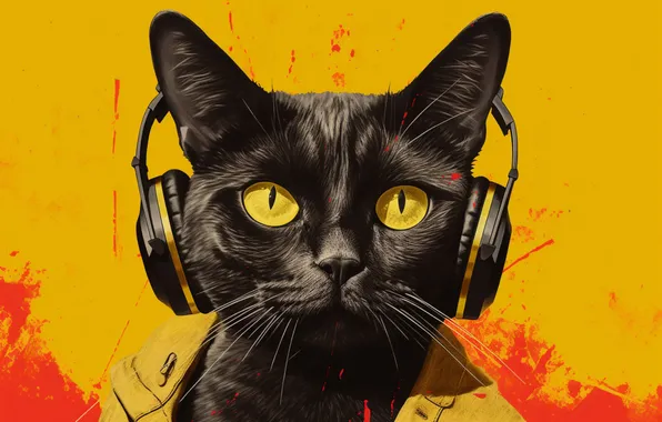 Cat, cat, look, music, black, portrait, headphones, face