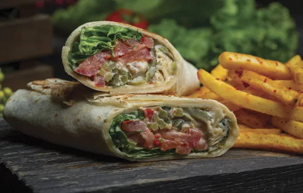 Picture vegetables, sauce, salad, potatoes, potatoes, pita, fries, Shawarma