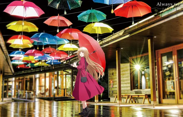 Girl, rain, street, the evening, umbrellas, Otonari no Tenshi-sama ni Itsunomanika Dame Ningen, Mahiru Shiina