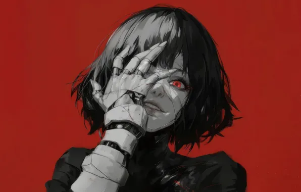 Cyborg, red background, Red eyes, Anime Girls