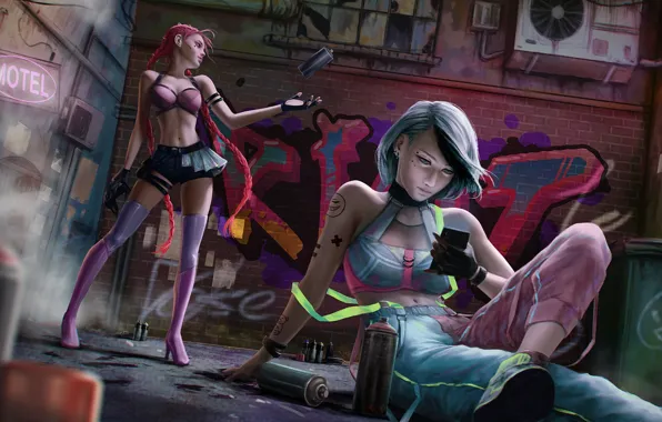 Look, two girls, gesture, gadget, Motel, sitting on the pavement, RIOT, long-legged beauty