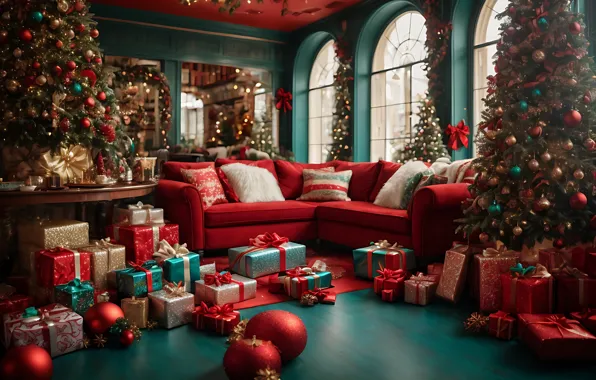Decoration, room, balls, tree, interior, New Year, Christmas, gifts