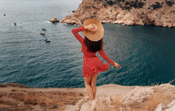 Sea, girl, pose, mood, rocks, hat, red dress, Anton Swarovsky