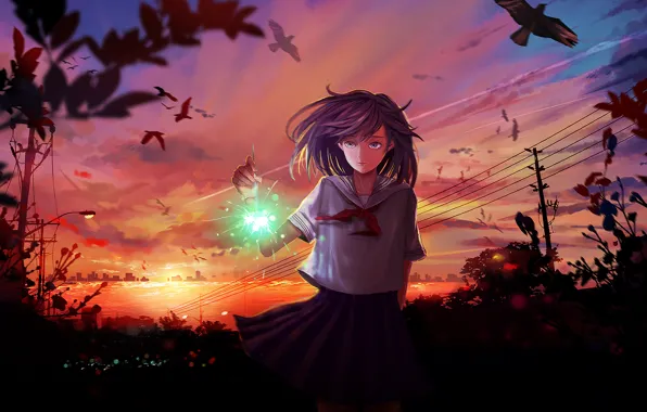 The sky, girl, clouds, sunset, birds, the city, wire, anime