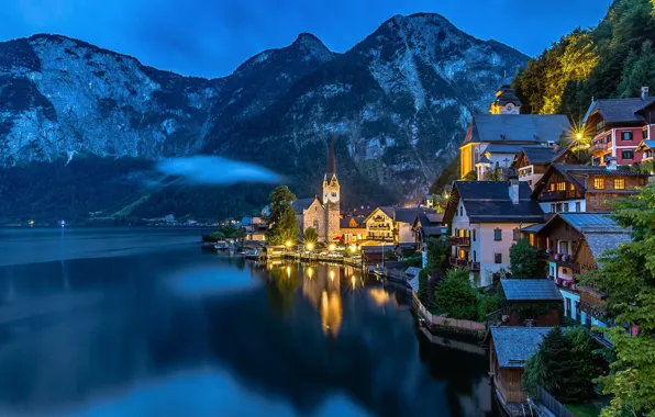 Mountains, lights, lake, the evening, Austria, Alps, Salzkammergut, Hallstatt