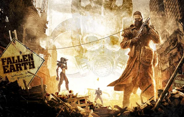 Picture postapocalyptic, fallen earth, people with guns