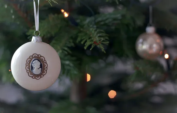 Winter, white, branches, lights, toy, spruce, ball, New Year