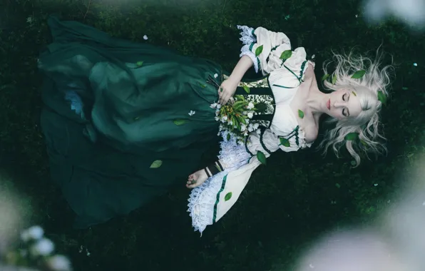 BLONDE, LEAVES, DRESS, FLOWERS, BOUQUET, CORSET