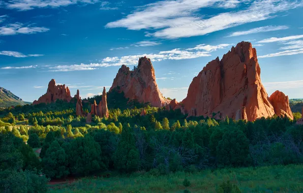 Greens, forest, clouds, light, trees, mountains, blue, rocks