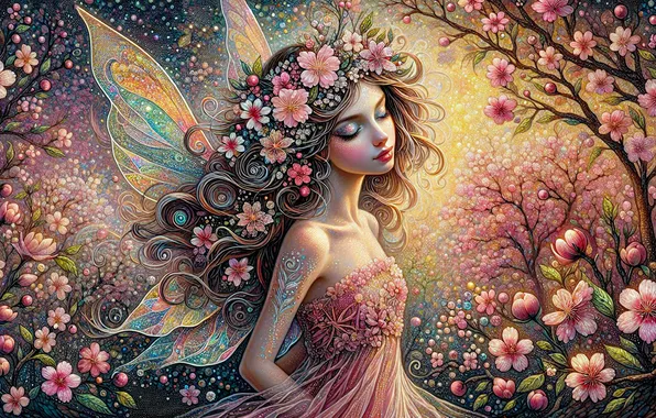 Girl, flowers, elf, wings, styling, garden, fairy, fantasy