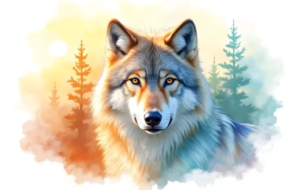 Forest, look, face, wolf, imitation painting, AI art, neural network