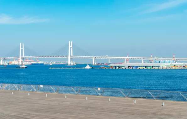 Sea, the sky, bridge, the city, ship, home, Japan, Yokohama Bay Bridge