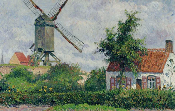 Landscape, house, picture, Camille Pissarro, Windmill at Knokke