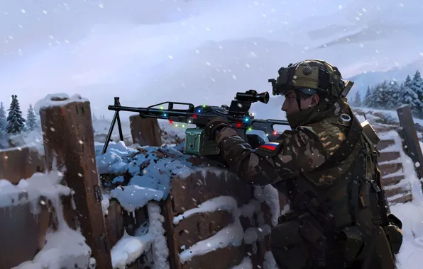 Picture Winter, Snow, Christmas, Machine gun, New year, Soldiers, Russia, Art