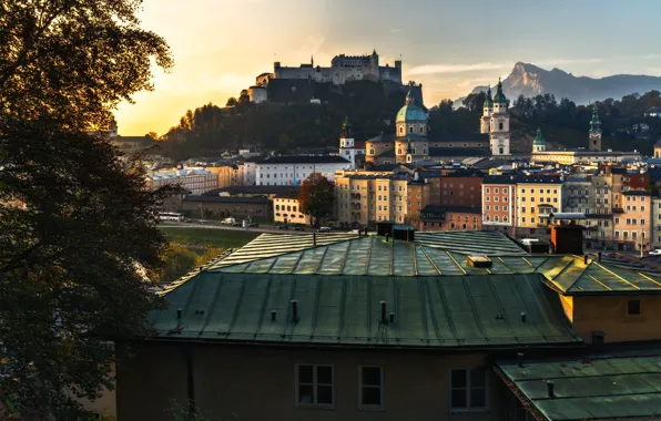 Clouds, mountains, the city, Austria, fortress, Salzburg, Hohensalzburg, Michael Turkei