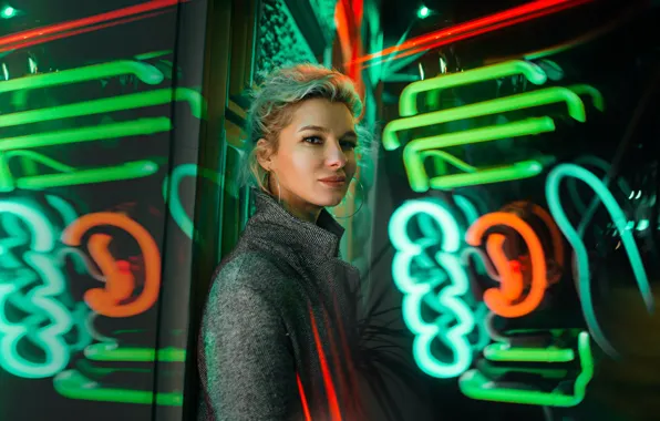 Girl, the city, portrait, neon, blonde, night city, Alexander strelkov, alex strelkovv