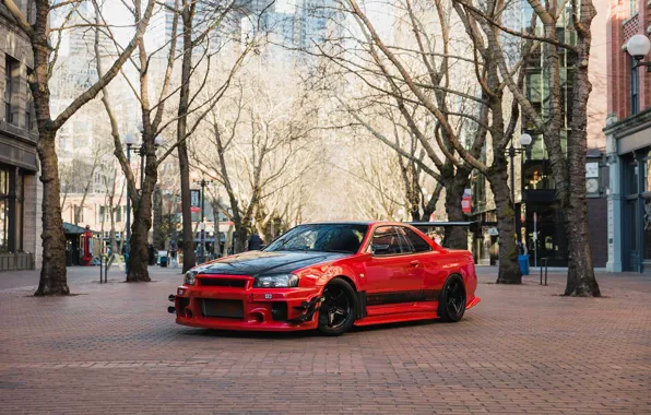 Picture City, Red, GT-R, Skyline, R34, Trees