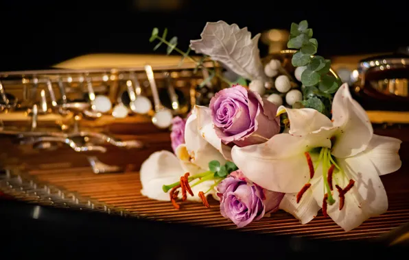 Flowers, the dark background, Lily, roses, bouquet, pipe, musical instrument, bokeh
