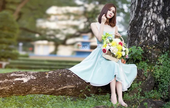 Girl, flowers, Asian