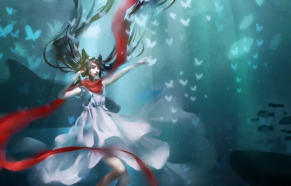 Girl, red, butterfly, headphones, scarf, white dress