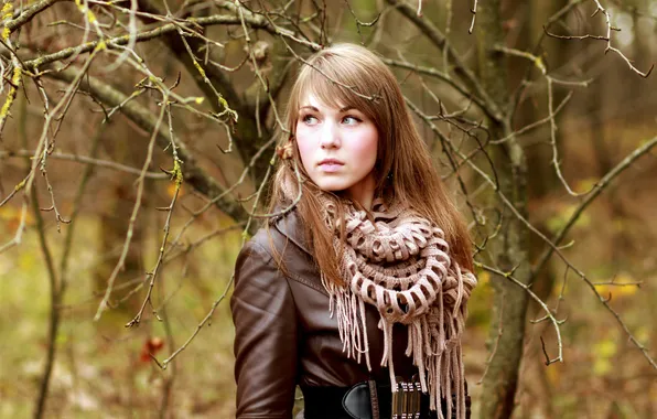 Autumn, forest, look, scarf, jacket, belt, brown hair