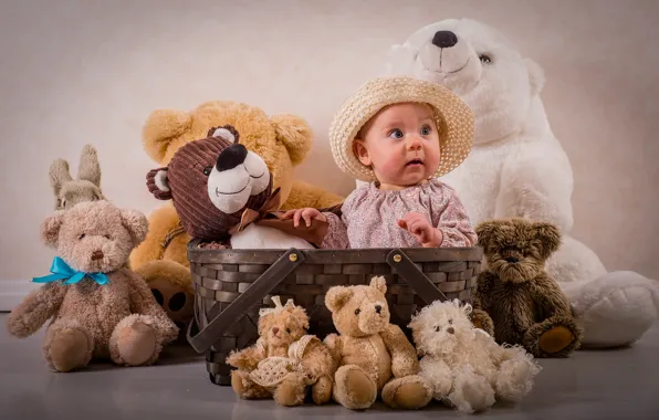 Toys, girl, hat, basket, bears, Teddy bears