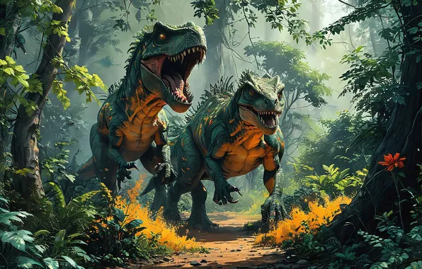 Forest, trail, dinosaurs, two