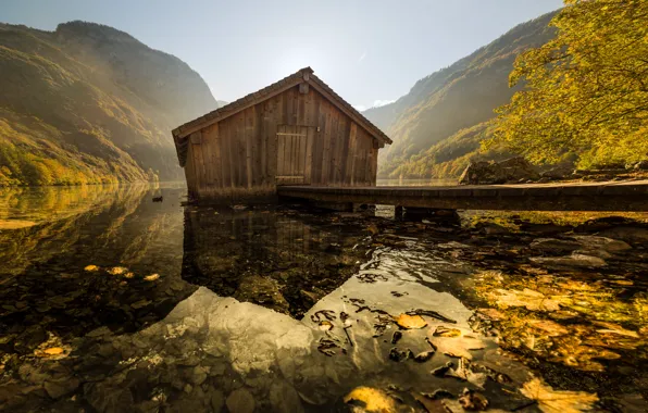 Picture light, mountains, the bridge, reflection, shore, leaves, wooden, house