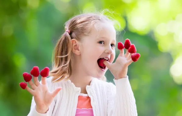 Summer, joy, childhood, pose, smile, berries, raspberry, background