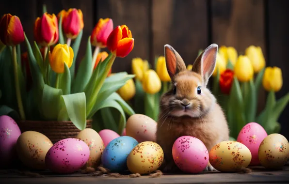 Flowers, the dark background, Board, hare, eggs, bouquet, spring, rabbit