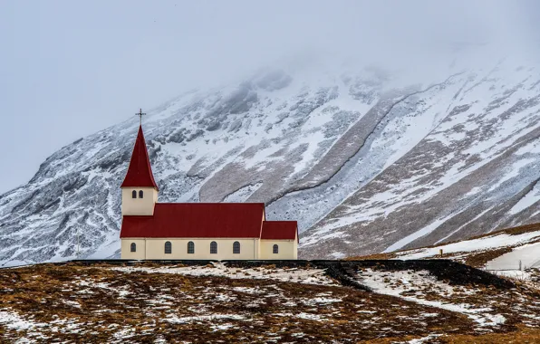 Picture winter, snow, mountains, Church, Iceland
