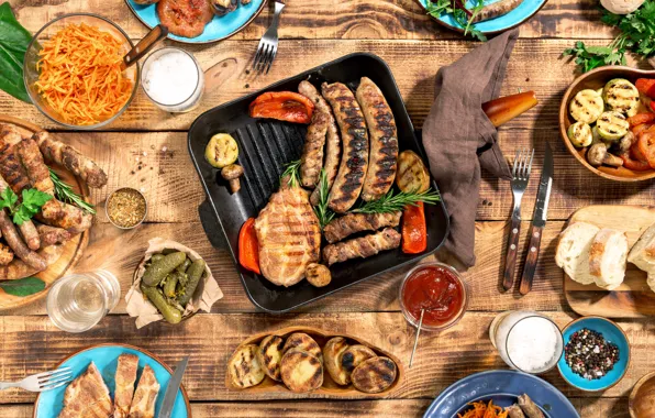 Meat, BBQ, vegetables, wood, meat, grill, grilled