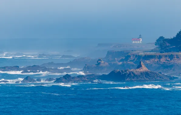 Sea, wave, fog, blue, rocks, shore, lighthouse, haze