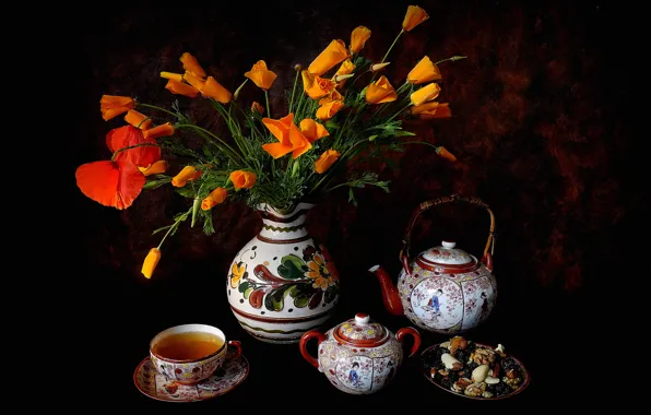 Picture flowers, tea, Maki, kettle, Cup, nuts, still life