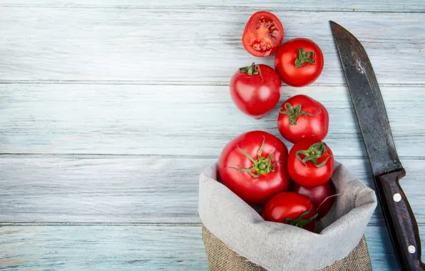Board, knife, bag, tomatoes, tomatoes