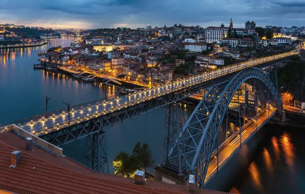 Bridge, river, building, home, Portugal, night city, Portugal, Porto