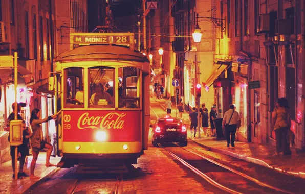 Road, night, the city, lights, people, street, rails, home